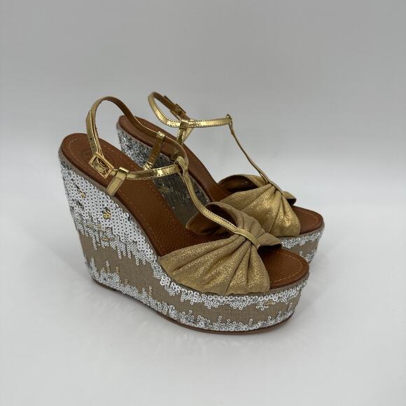 Tory Burch Gold Leather Platform Sequined Sandals Size 9 NWOB